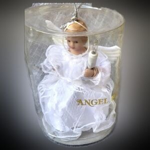 🎄Vintage One Light Angel Pig Tail Ornament/Tree Topper White Dress NWT 5"